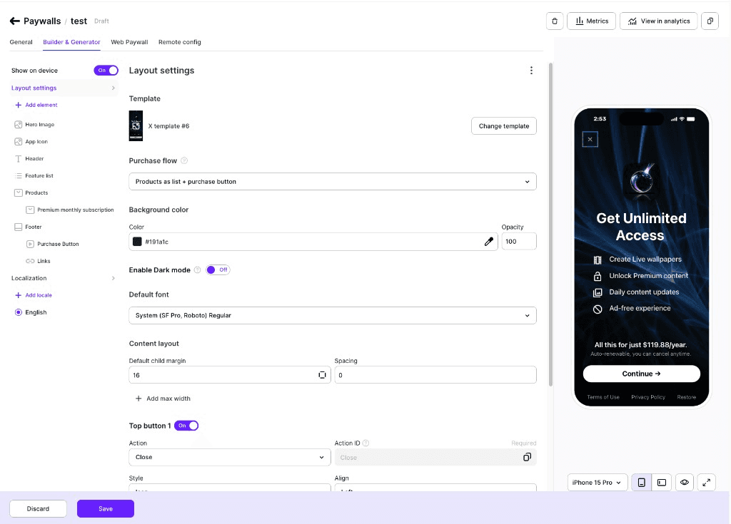 Adapty paywall builder with an element tree, layout settings, and an iPhone 15 Pro preview of a dark-theme paywall.
