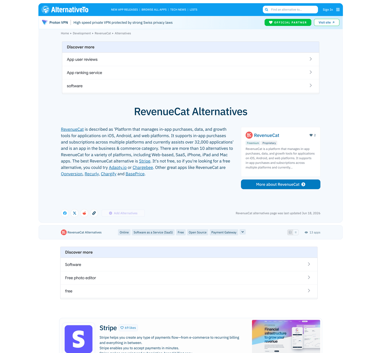 AlternativeTo’s RevenueCat alternatives page calling Stripe the best alternative, with Stripe listed first at 69 likes, captured Aug 21, 2026.