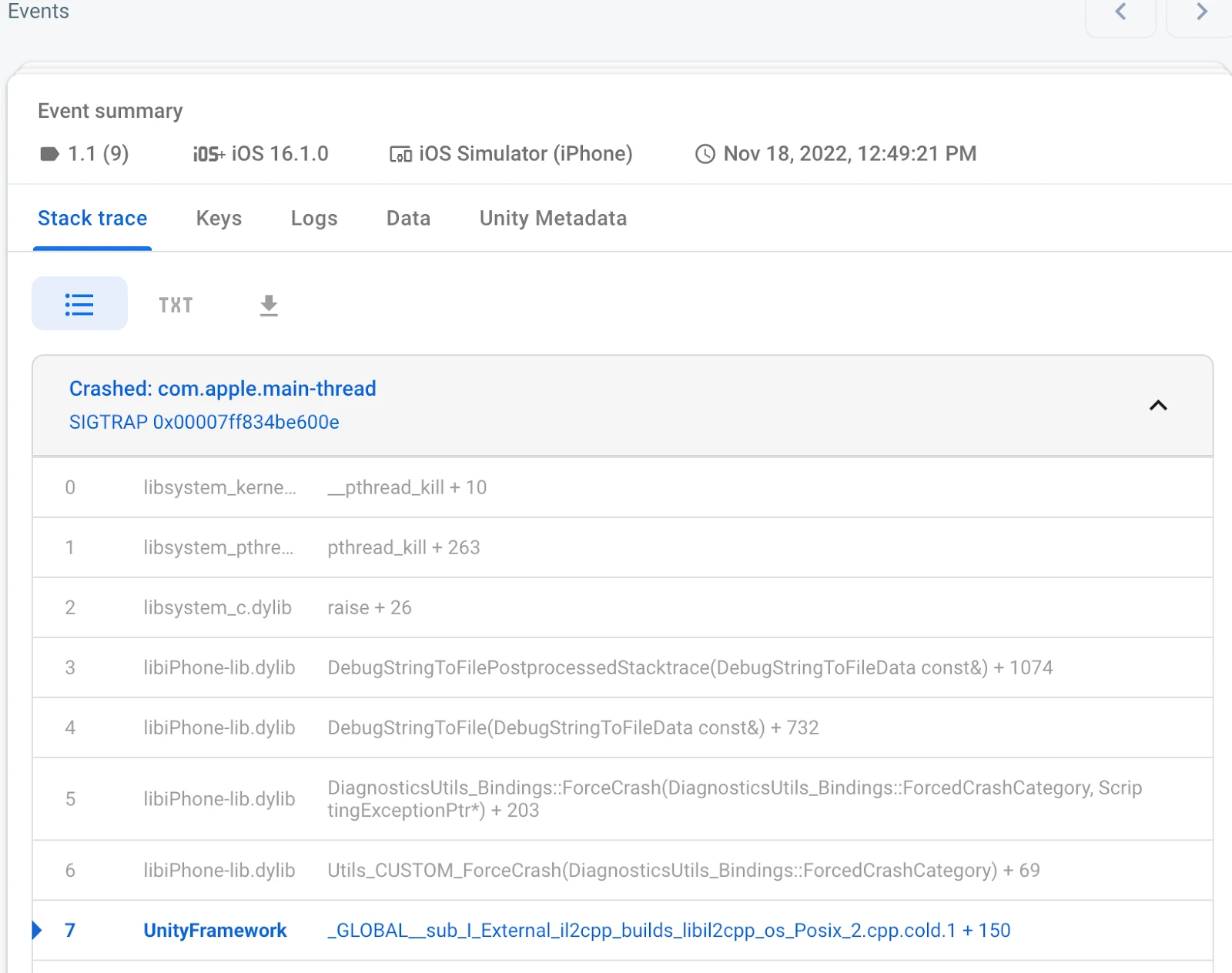 Firebase Crashlytics Event summary showing an iOS crash stack trace.