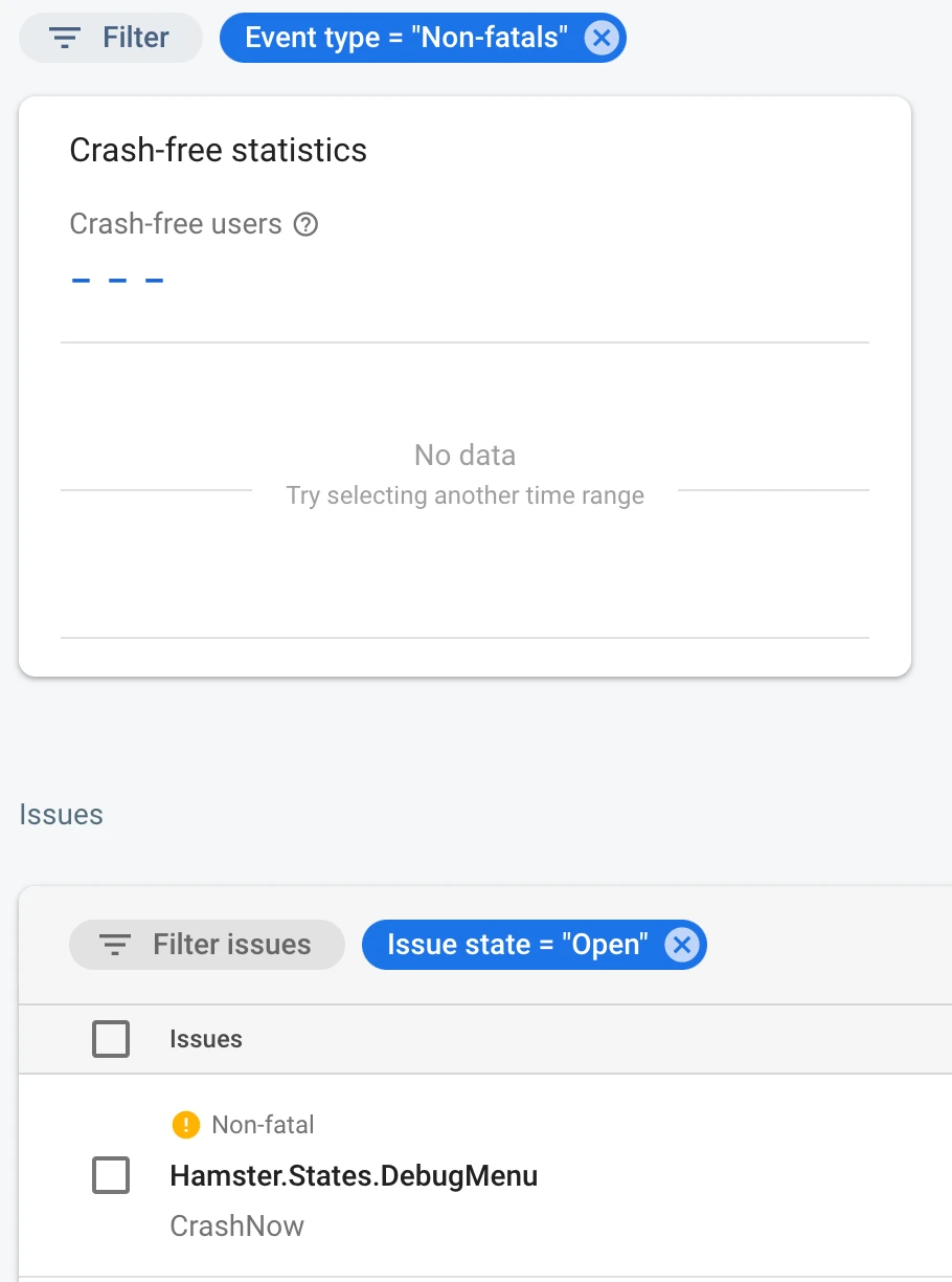 Firebase Crashlytics dashboard filtered to open non-fatal issues.