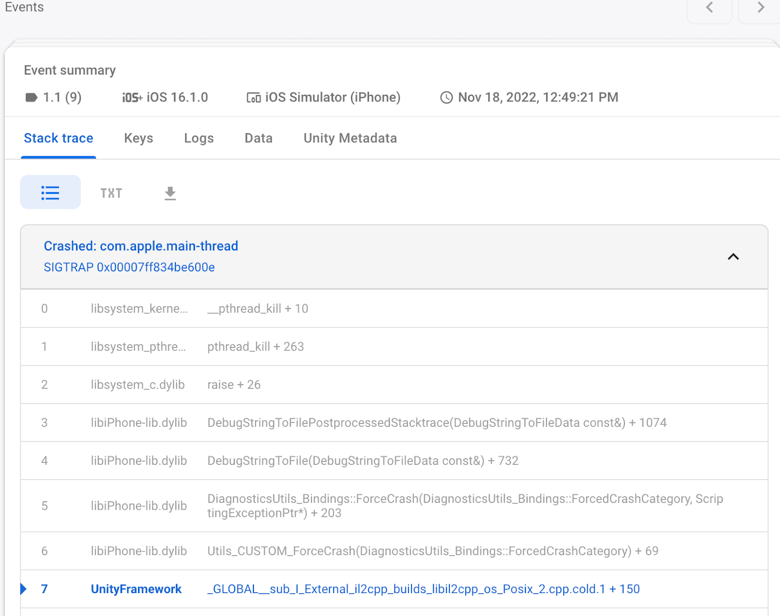 Firebase Crashlytics Event summary showing an iOS crash stack trace with app version, device, and timestamp context.