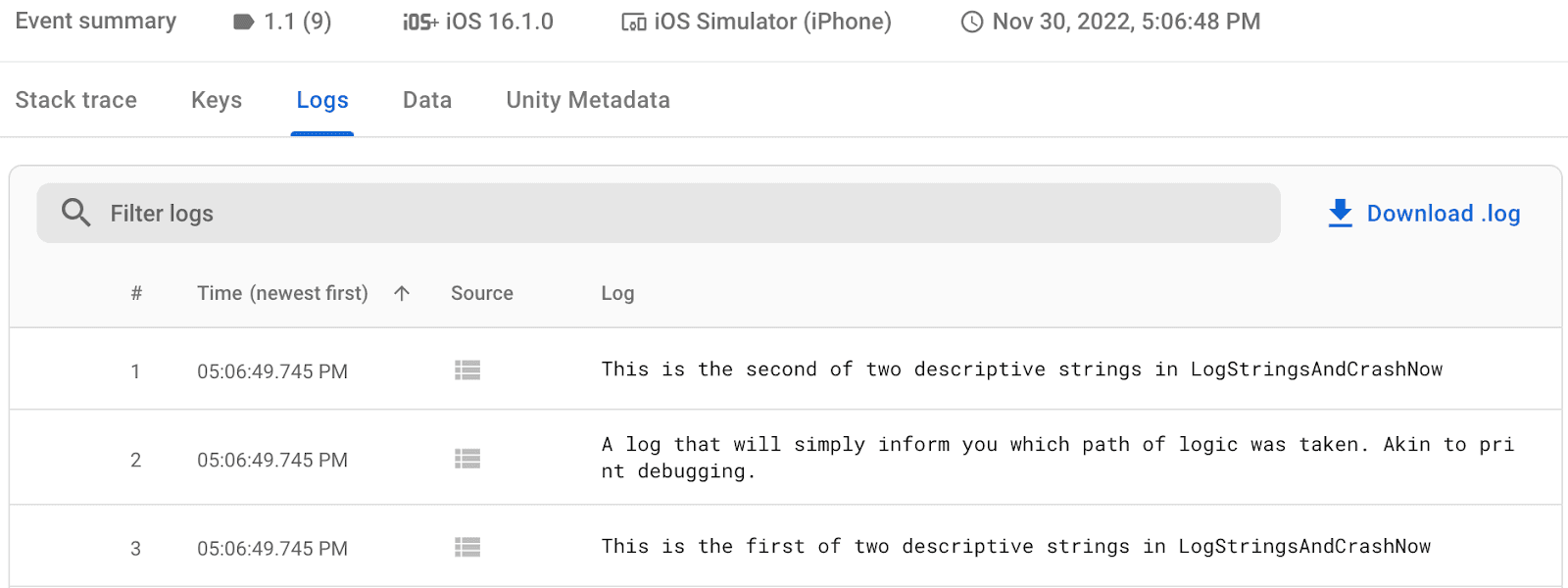 Firebase Crashlytics Logs tab showing timestamped diagnostic messages recorded before an iOS crash.