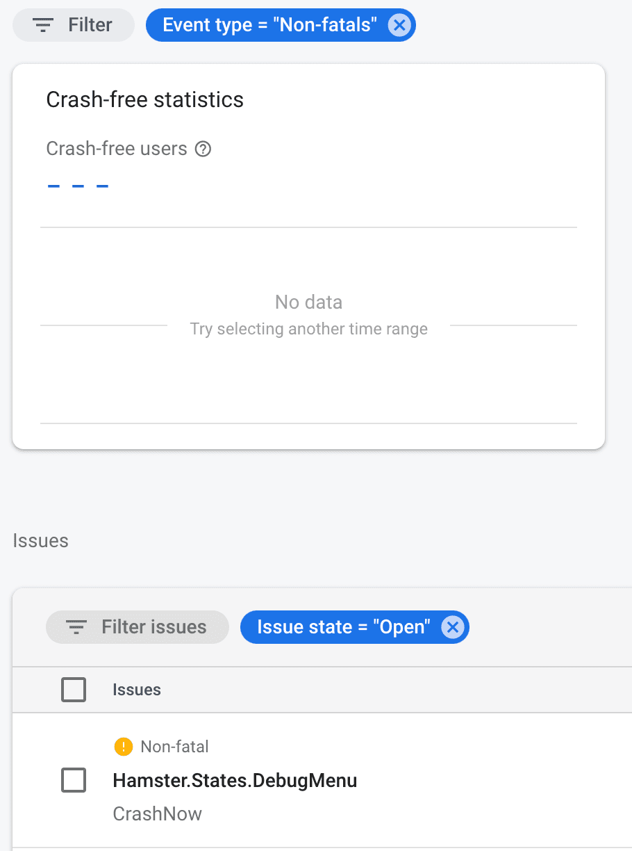 Firebase Crashlytics dashboard filtered to open non-fatal issues, with an Issues table showing one example issue.