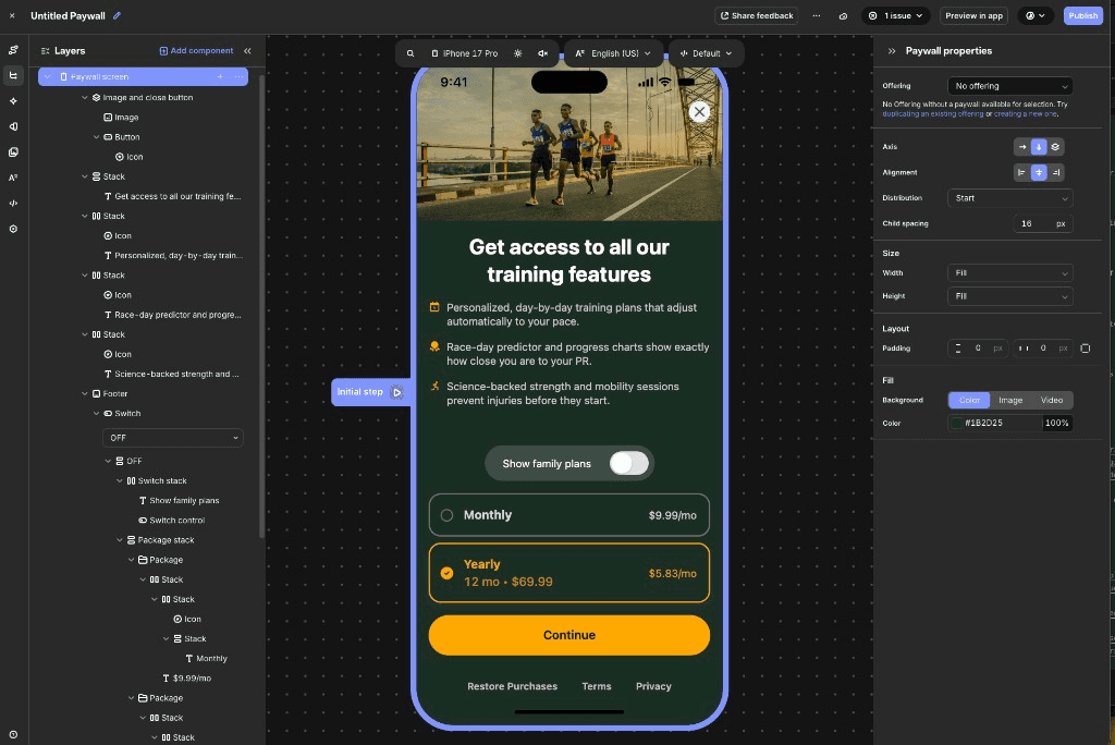 RevenueCat Paywalls editor with a layers panel, iPhone preview of a training-app paywall, and layout properties including offering selection.