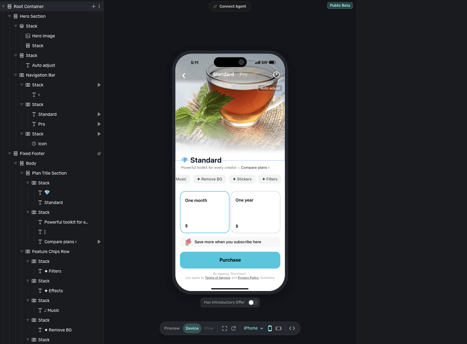 Superwall's paywall editor showing an iPhone subscription paywall preview beside the editor's component tree.