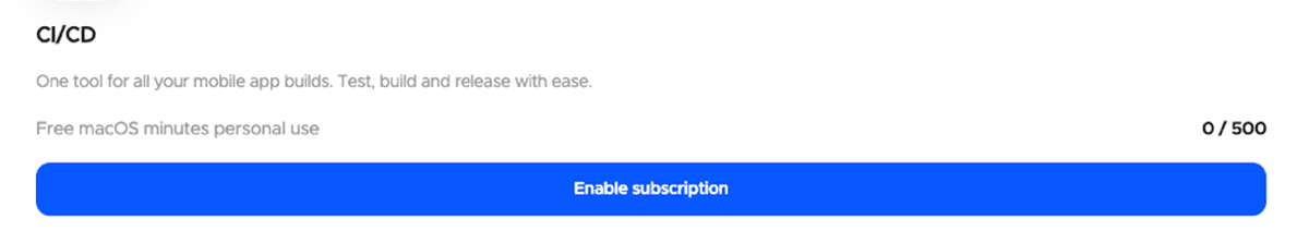 Codemagic CI/CD dashboard card showing a Free macOS minutes personal use counter reading 0 of 500, above an Enable subscription button